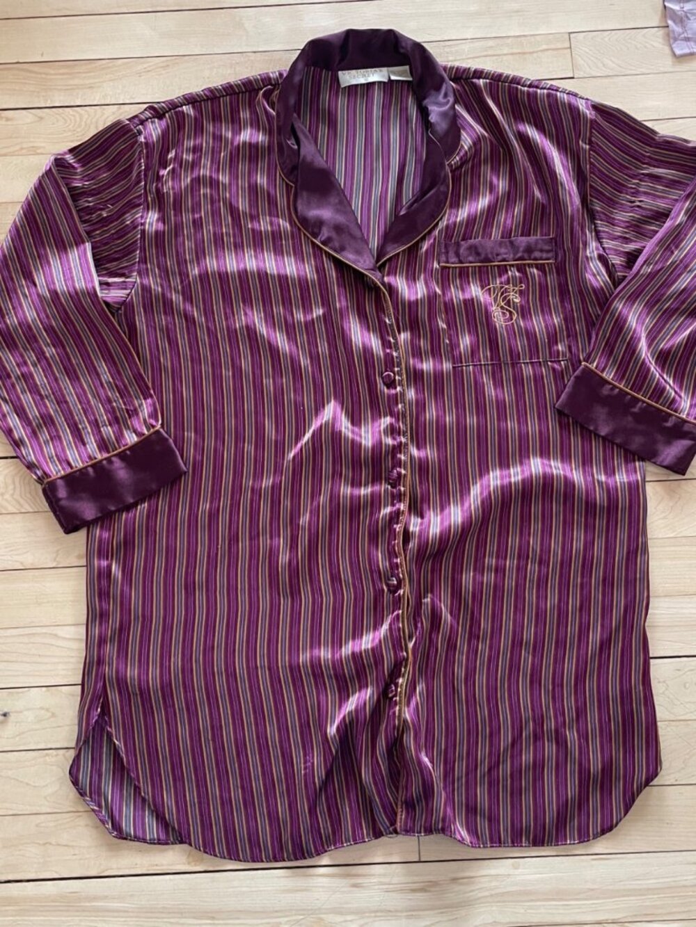 Vintage Victoria Secret Gold Label Satin Long Sleeve Dress M Striped Burgundy